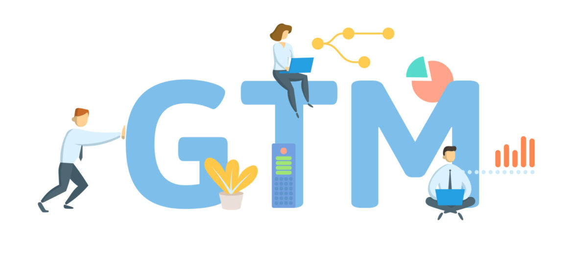 GTM, Go To Market. Concept with keyword, people and icons. Flat vector illustration. Isolated on white.