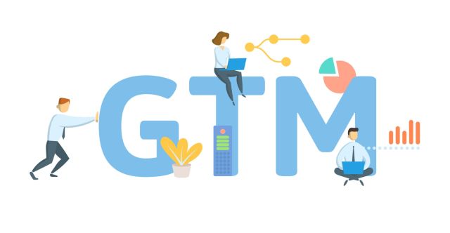 GTM, Go To Market. Concept with keyword, people and icons. Flat vector illustration. Isolated on white.
